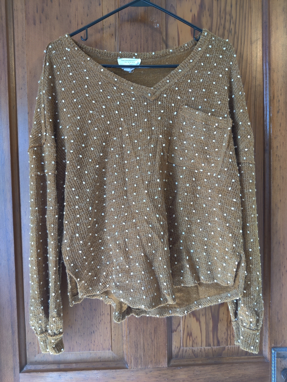 Swiss Dot V-Neck Sweater in Camel